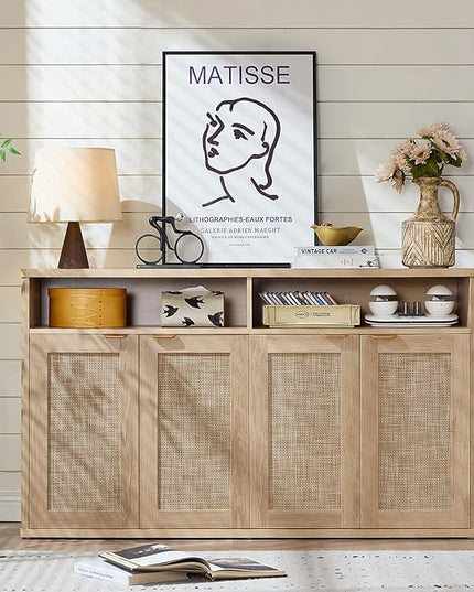LEYAOYAO Rattan Sideboard Buffet Cabinet,55" Coffee Bar Cabinet with 4 Doors & Open Storage Shelf,Modern Credenza Console Table for Living Room Rattan Farmhouse Entryway Natural