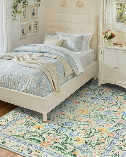 Wonnitar Machine Washable 5x7 Area Rug, Boho Floral Rugs for Living Room Non-Slip, Soft Pink and Green Flower Ultra-Thin Non Shedding Carpet for Bedroom Dining Room Nursery
