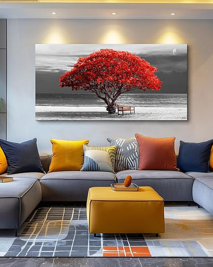 wall art for living room Decorations Photo Prints - panoramic black and white with red trees The moon Landscape - Modern Home Decor The room Stretched and Framed Ready to Hang artwork 30x60inches