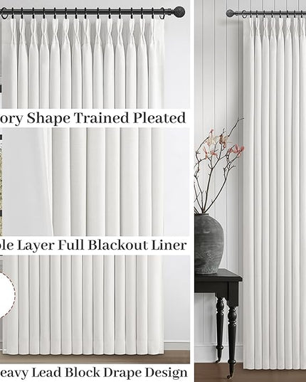 Pure White Blackout Curtains 96 Inches Long 2 Panels Set for Bedroom, Cute Pinch Pleat Two Layer Linen Blend Room Darkening Ceiling Track Curtain 40x96 Inch Length Office Soundproof Burg