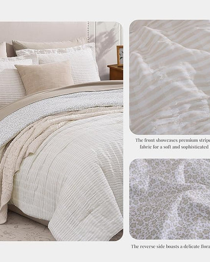 Full Comforter Set - 7 Pieces Beige Gauze Muslin Bedding Sets for All Seasons, Lightweight Breathable Bed in a Bag Full with Revesible Farmhouse Comforter, Sheets, Pillowcases & Shams