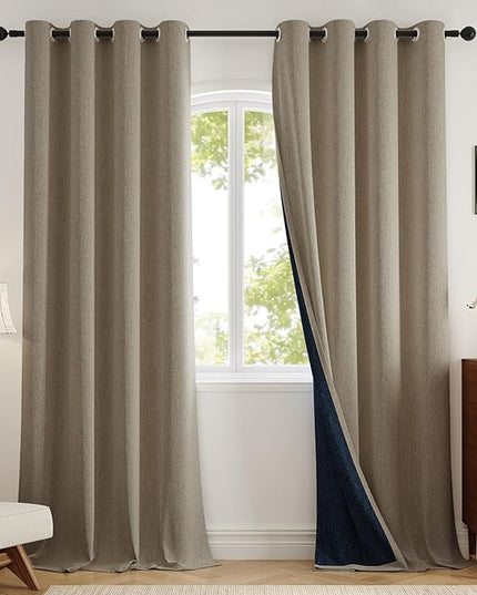 100% Blackout Curtains 96 inch Length 2 Panels for Living Room, Linen-Look Textured Room Darkening Thermal Insulated Noise Reduction Farmhouse Drapes for Bedroom (W52xL96, Taupe)
