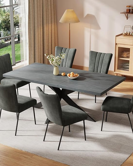 ZckyCine 63"-79" Extendable Dining Table Set with 6 Velvet Dining Chairs, Modern Rectangular Kitchen Table Set for 6-8 People, Space-Saving Expandable Dining Table with Metal Frame