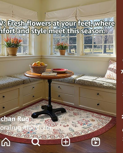 jinchan Elora Floral Corner Rug for Entryway Washable Rug Vintage Romance Christmas Design Non Slip Quarter Circle Lightweight Low-Pile Throw Carpet for Playroom Nook Nursery, 4ft Radius, Red/Beige