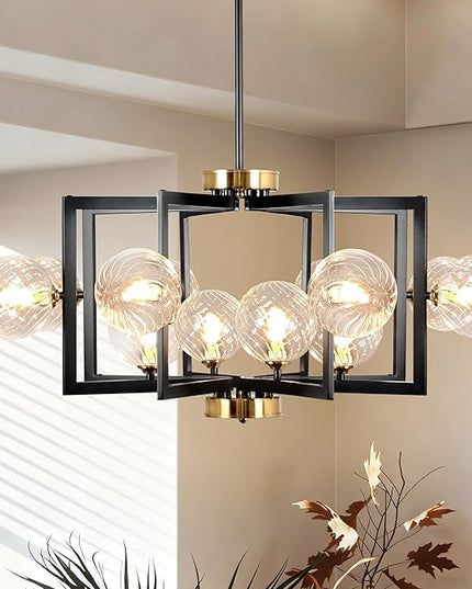12 Light Black Dining Room Light Fixture Geometric Metal Hanging Pendant Light Fixtures Black Farmhouse Chandelier with Clear Swirled Globe Farmhouse Dining Room Chandelier for Entryway Foyer Kitchen