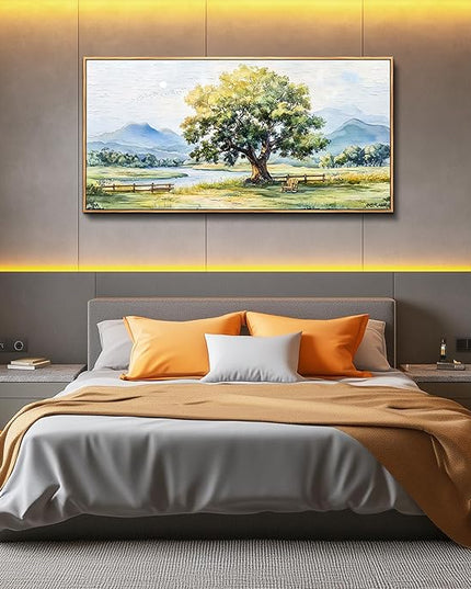 PHAOHUAXM Farmhouse Wall Art For Dining Room Canvas Wall Decor For Bedroom Office Green Tree Ink-Wash Landscape Painting Pictures Art Aesthetic living room Home Decor Posters 20x40 In Wood Framed