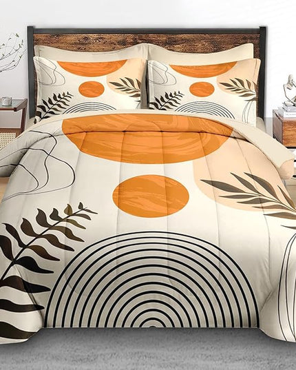Comforter Set Queen Size, Boho Orange Mid Century 7 Pcs Bedding for Kids and Adults, Geometric Bed Sheet Sets with Fitted Sheet 2 Pillowcases & 2 Shams for Bedroom Bed Decor