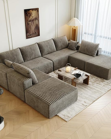 139.4" Modular Sectional Sofa Couch, Oversized U-Shaped Minimalist Couches with 2 Ottomans Chaise and 2 Middle Seats, Modern Deep Seat Cloud Plush Corduroy Sofas Set for Living Room, 8 Seater, Camel