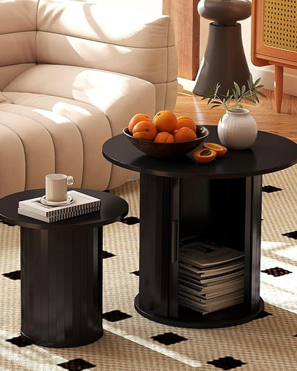 COSVALVE Nesting Coffee Table Set of 2 with Hidden Storage & Sliding Door, Circle Wood Coffee Table, Farmhouse Side & End Table Sets for Living Room, Small Spaces, Black