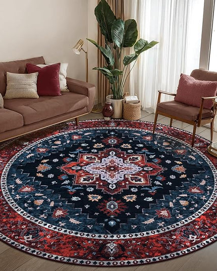 Ciicool Boho Area Rug Washable 6x6ft Round Bedroom Rug Non-Slip Oriental Throw Rug Low-Pile Floor Carpet for Dining Room Living Room