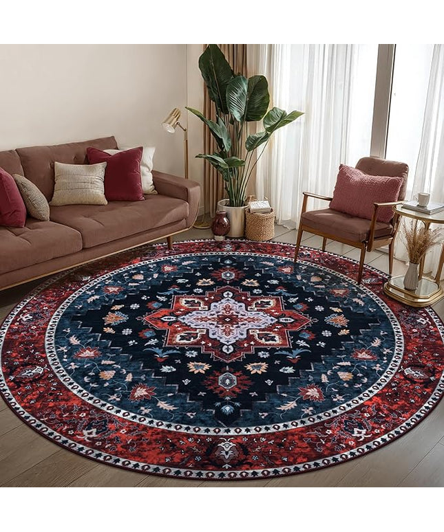 Ciicool Boho Area Rug Washable 6x6ft Round Bedroom Rug Non-Slip Oriental Throw Rug Low-Pile Floor Carpet for Dining Room Living Room