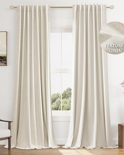 Guken Beige Cream Linen Blackout Curtains 144 Inch Length 2 Panels Set for Living Room Bedroom Back Tab Thermal Insulated 100% Black Out Linen Drapes Room Darkening Window Curtains 144 Inches Long