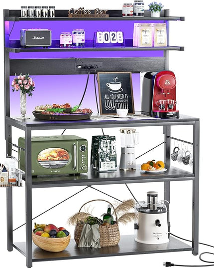 Aheaplus Bakers Rack with Power Outlet, Microwave Stand, 5 Tiers Coffee Bar Station with Led Lights, Kitchen Storage Shelf with 6 S-Shaped Hooks, Kitchen Rack Coffee Bar Stand, Black