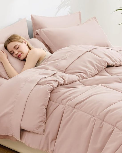 Love's cabin King Size Comforter Set Blush Pink, 7 Pieces King Bed in a Bag, All Season Bedding Sets with 1 Comforter, 1 Flat Sheet, 1 Fitted Sheet, 2 Pillowcase and 2 Pillow Sham