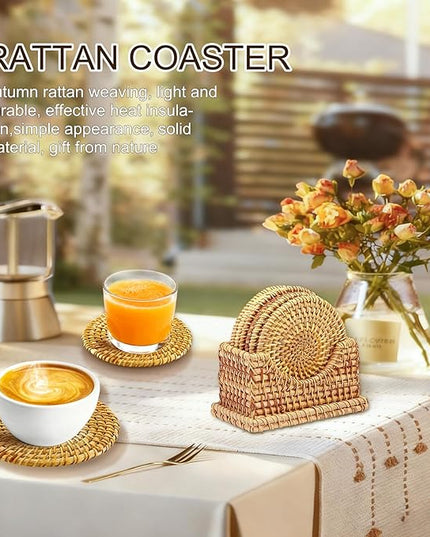 Handmade Rattan Coasters Set of 6 with Holder -Boho Wicker Coasters for Drinks, Round Rattan Coaster, Rustic Farmhouse Wooden Coffee Table Decor, Kitchen, Dining Room, Housewarming Gift (Brown B)