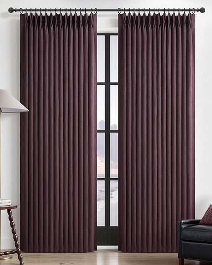 Pinch Pleated Purple Curtains 90 Inches Long 2 Panels Set for Nursery, Blackout Memory Trained Double Layer Thick Linen Blend Sound Dampening Drapes Energy Efficient Country Privacy Viral Windows Burg