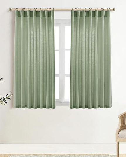 XTMYI Sage Green Back Tab/Hook Belt Linen Cotton Sheer Curtains 45 Inch Length for Bathroom Bedroom 2 Panels Set