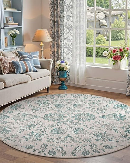 jinchan Torino Classic Floral Round Rug 6ft Vintage-Inspired Design 6’Circle Rug Machine Washable Ultra-Thin Low-Pile Non-Slip Indoor Carpet for Bedroom Dining Room Living Room Entryway