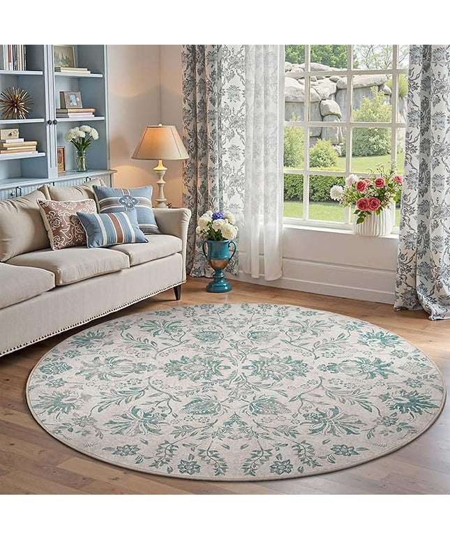 jinchan Torino Classic Floral Round Rug 6ft Vintage-Inspired Design 6’Circle Rug Machine Washable Ultra-Thin Low-Pile Non-Slip Indoor Carpet for Bedroom Dining Room Living Room Entryway