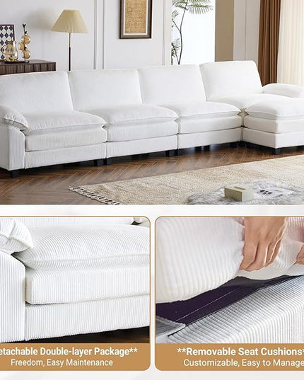 VINGLI 156" Cloud Corduroy Sectional Sofa, Comfy L-Shaped Extra Deep Seat Sofa Couch for Living Room,Modern 4-Seat Convertible Loveseat Sofa with Ottoman for Small Space(White)