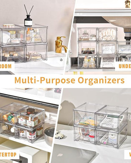 6 Pack Stackable Makeup Organizer, 4.4'' Tall Acrylic Bathroom Makeup Organizer and Storage Drawer with Pull-out Handle, Clear Plastic Storage Bins for Vanity,Pantry,Desk,Undersink,Kitchen
