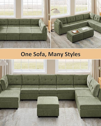 VANOMi 118 Inch Cloud Modular Sectional Sofa, 8 Seater Cloud Sectional Sofa Bed, Chenille Sofas & Couches for Living Room, Apartment, Office, Green