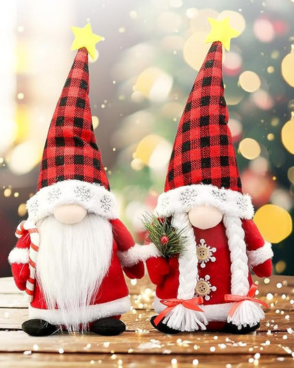 Lovinland Christmas Gnomes Plush Couple with Red Buffalo Check - Xmas Gnomes Elf Tomte Ornaments Doll - Christmas Decorations - Xmas Decorations for Home, Indoor, Office