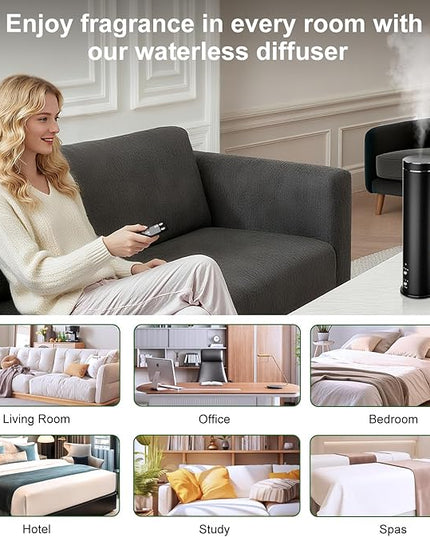 Waterless Essential Oil Diffuser Large Room Scent Diffuser for Home, Office, Hotel and Spas - Aromatherapy Diffuser Fragrance Oil Machine, Remote Control, Timer, Black