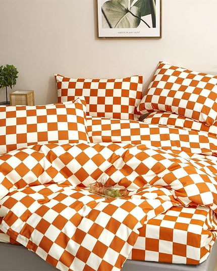 CLOTHKNOW Rust Beige Plaid King Size Comforter Set 3Pcs Grid Bedding Comforter Sets Soft Lightweight Caramel Comforter King Checker Comforter