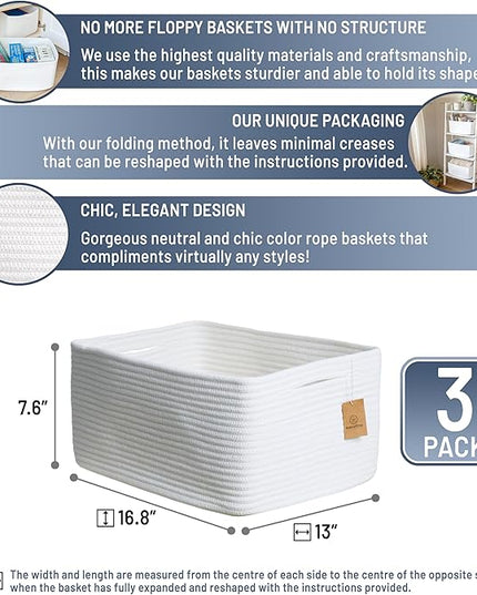 NaturalCozy Storage Baskets 16.8”x13”x7.6” Cotton Rope Woven Baskets for Organizing 3-Pack | Toy Storage Bins | Basket for Shelves, Laundry, Blanket, Clothes, Closet, Kitchen, Bathroom, Gifts