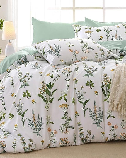 MUXHOMO Bed in a Bag King 7 Pieces, King Comforter Set Reversible Green Botanical Flowers Design, Ultra Soft & Breathable Bedding Sets with Comforter, Sheets, Pillowcases & Shams