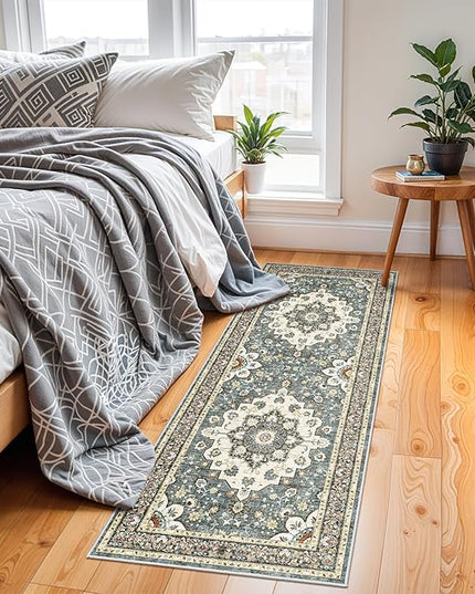 Washable Oriental Hallway Runner Rug - 2x6 Rugs for Living Room Soft Carpet for Bedroom Kitchen Waterproof Floral Distressed Indoor Stain Resistant Non-Shedding Floor Carpets (Blue, 2X6)
