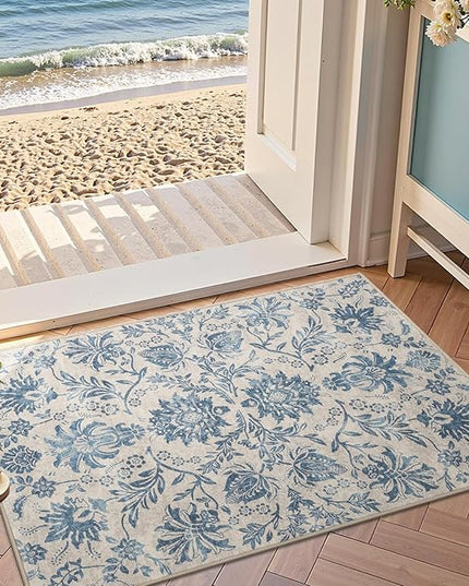 jinchan Torino 2x3 Washable Rugs for Entryway, Vintage-Inspired Floral Design Non-Slip Low-Pile Doormat, Ultra-Thin Indoor Traditional Accent Carpet for Entrance Kitchen Bathroom Bedroom, Dark Blue