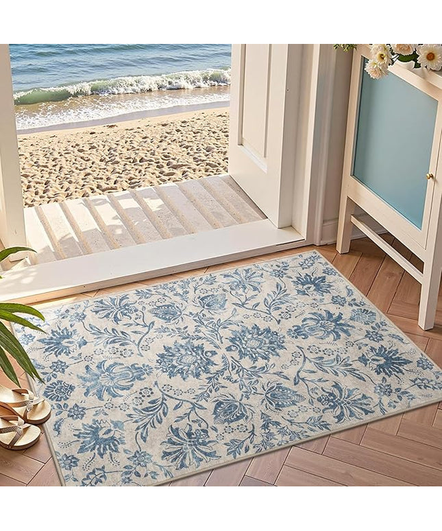 jinchan Torino 2x3 Washable Rugs for Entryway, Vintage-Inspired Floral Design Non-Slip Low-Pile Doormat, Ultra-Thin Indoor Traditional Accent Carpet for Entrance Kitchen Bathroom Bedroom, Dark Blue