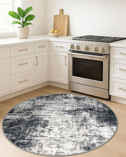 IOHOUZE Round Area Rug 5 Ft Circle Entryway Rugs Round Washable Door Mat Indoor Entrance, Non Slip Circle Front Door Rug, Printed Abstract Faux Wool Floor Carpet for Foyer Porch Sink, Black Grey