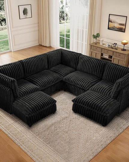 KKL Modular Sectional Couch for Living Room, V Shaped Corduroy Couches with 2 Ottomans, 7 Seater Oversized Sofa, Soft Fabric Modern Sofa, Black