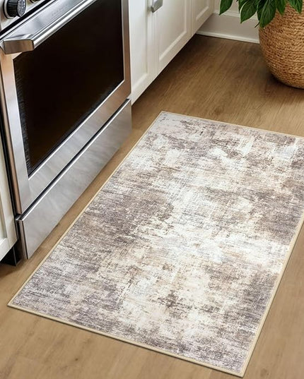 IOHOUZE Small Abstract Area Rug 2x3 Ft Entryway Rugs Washable Door Mat Indoor Entrance, Rubber Backed Throw Rugs, Printed Faux Wool Non Slip Floor Carpet for Foyer Front Door Sink, Beige Brown
