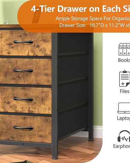 50 Inch Computer Desk with 8 Drawers, Home Office Desk with Power Outlets, Work Study Gaming Desk with 8 Fabric Drawers, Rustic Brown