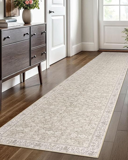 2x10 Washable Runner Rug for Kitchen, Cream Beige White Grey Soft Classic Runner with Non-Slip, Non-Shedding Distressed Floral Rug for Hallways Entryway Bedroom Laundry Indoor