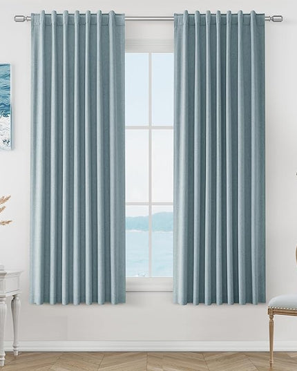Guken Blue Linen Blackout Curtains 63 Inch Length 2 Panels Set for Living Room Bedroom Back Tab Thermal Insulated 100% Black Out Linen Drapes Room Darkening Window Curtains 63 Inches Long Dusty Blue