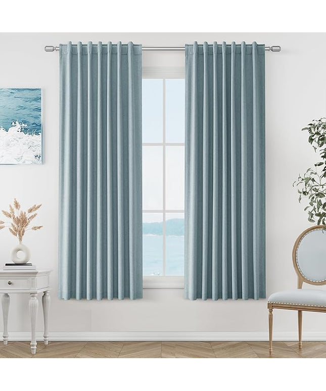 Guken Blue Linen Blackout Curtains 63 Inch Length 2 Panels Set for Living Room Bedroom Back Tab Thermal Insulated 100% Black Out Linen Drapes Room Darkening Window Curtains 63 Inches Long Dusty Blue