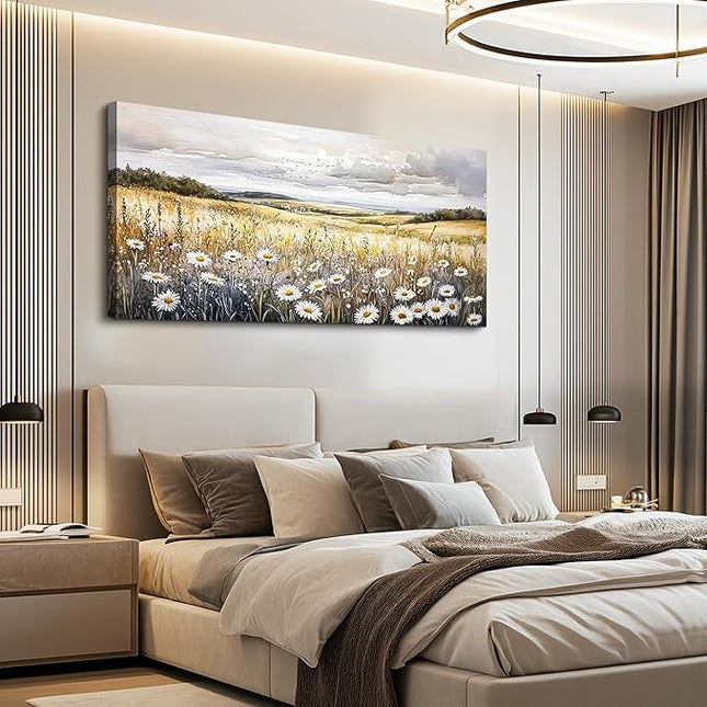 ZUITINGHUA Canvas Wall Art For Living Room Wall Decor For Bedroom Office Wall Decoration White Flower Landscape Painting Grassland Pictures Artwork Room Aesthetic Home Decor 20x40 In