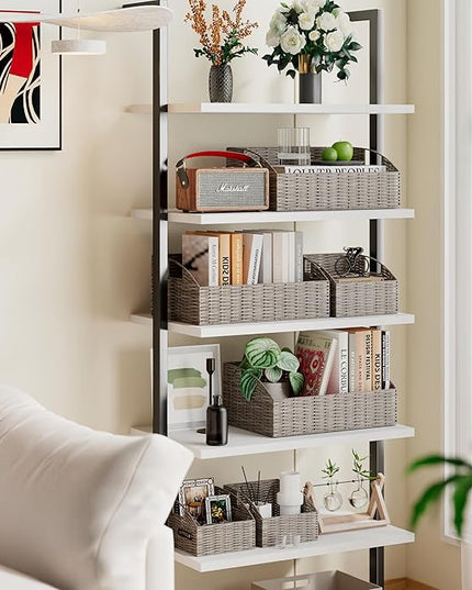 Ollieroo Rattan Storage Baskets, Handwoven Wicker Storage Bins with Built-in Handles, Storage Container Baskets for Shelves, Bedroom, Bathroom, Laundry Room or Kitchen(Grey)