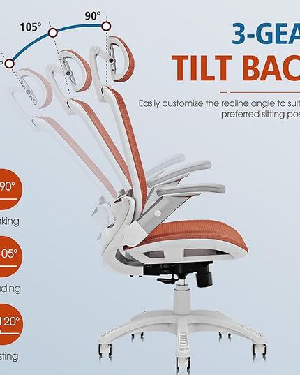 GABRYLLY Ergonomic Office Chair, High Back Home Desk Chair with Headrest, Flip-Up Arms, 90-120° Tilt Lock and Wide Cushion, 400LBS Mesh Chairs for Man Woman, White Task Chair(Orange,GY01WOR)