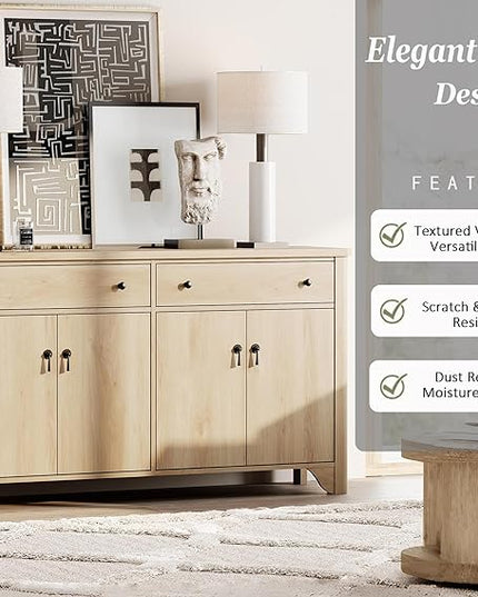 WAMPAT Buffet Cabinet with 4 Doors and 2 Drawers, 59" W Farmhouse Sideboard Cabinet with Storage, Wood Kitchen Storage Cabinets Coffee Bar Table for Dining Room & Living Room, Oak