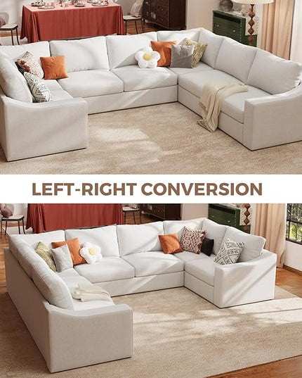 ABCASA U Shaped Sectional Sofa with Detachable Cover, Modular Couch for Living Room, Breathable Linen Fabric Corner Couch with 9 Seats, Ivory