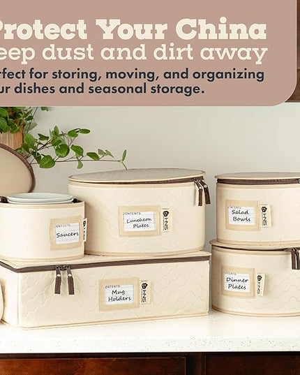 Hard Shell China Storage Containers 5-Piece Set Moving Boxes for Dinnerware, Glasses, Plates, Mugs and Saucers Sturdy Dish Organizer with Dividers for Seasonal Storage - Service for 12 - Beige Quilted