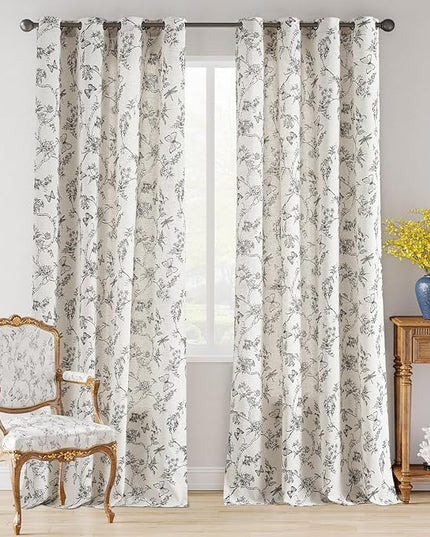 Lazzzy Black Floral Linen Farmhouse Curtains 108 Inch Length Drapes for Living Room Bedroom Pattern Light Filtering Country Vintage Curtain Grommet Top, 2 Panels, Black on Beige