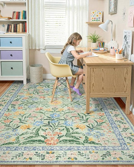 Wonnitar Boho Washable Rugs 8x10, Large Floral Rugs for Bedroom, 8 x 10 Soft Green Living Room Carpet, Non Slip Ultra-Thin Carpet for Kids Playroom Dorm Dining Room