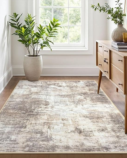 IOHOUZE Abstract Area Rug 4x6 Ft Washable Rugs for Entryway Indoor, Non Slip Small Living Room Rugs Printed Faux Wool Throw Rug, Floor Carpet for Kitchen Nursery Playroom, Beige Brown